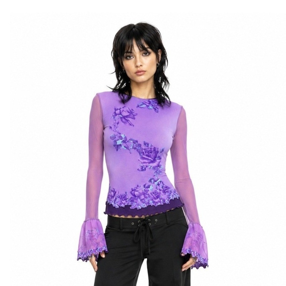 Y2K Floral Mesh ANAC by Kimmy Ruffle Bell Sleeve Fairy Top Medium Purple Vintage
